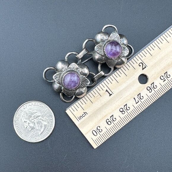 Unique Vintage Sterling Silver Flower Floral Links Amethyst Brooch Pin Mexico 2" - Picture 5 of 14